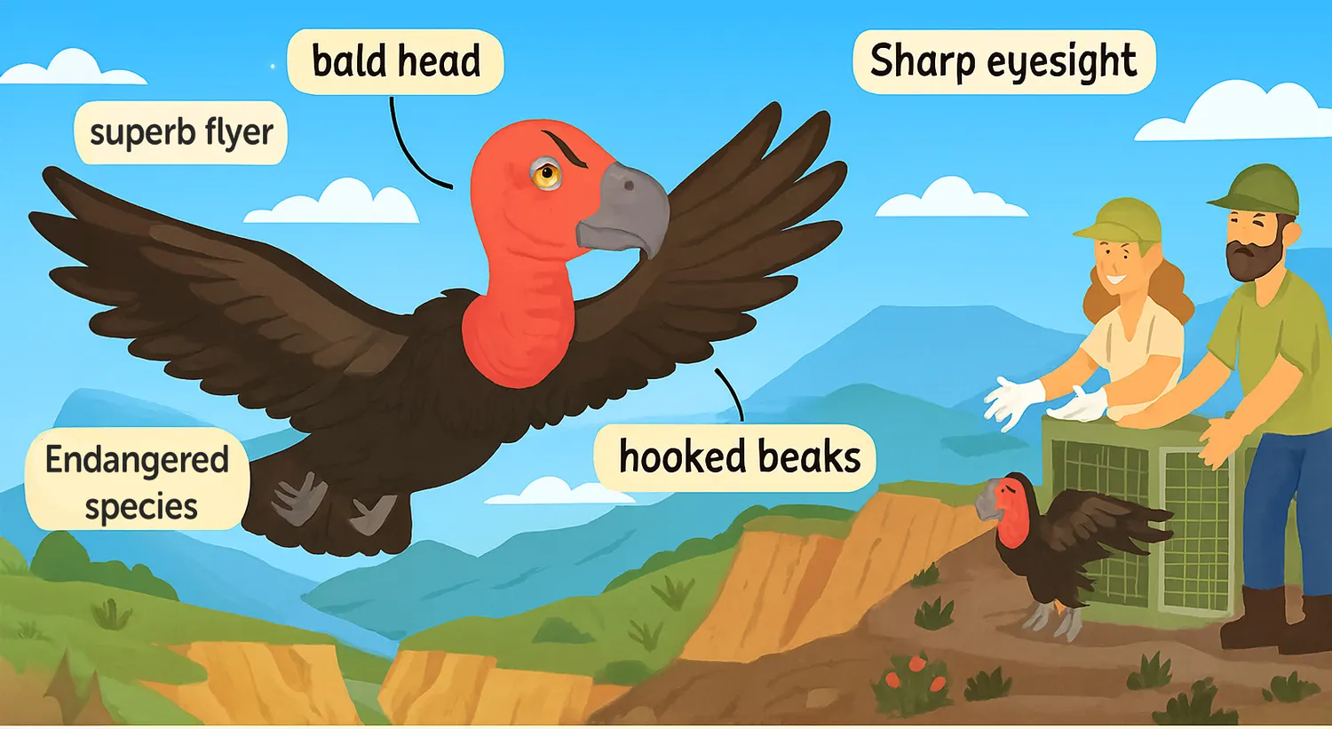 California Condor soaring, feeding, nesting, and being released by conservationists in canyon habitat.